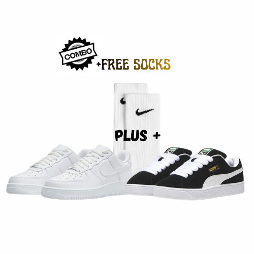 1x Nike Air Force 1 White/Black & 1x Puma Suede XL Black & White + Socks - Combo Deal (SAVE 200)